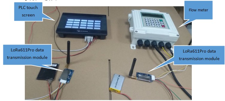 LoRa無線數(shù)傳模塊的應(yīng)用--PLC觸屏對接流量計(jì)實(shí)物連接圖