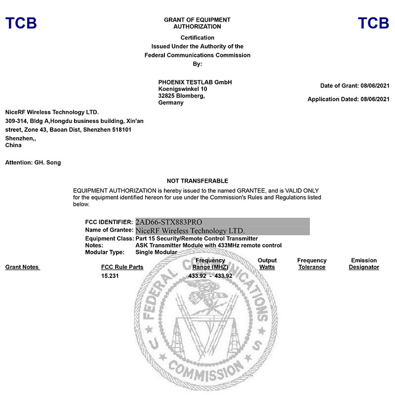 ASK模塊 STX883Pro FCC認(rèn)證證書(shū)
