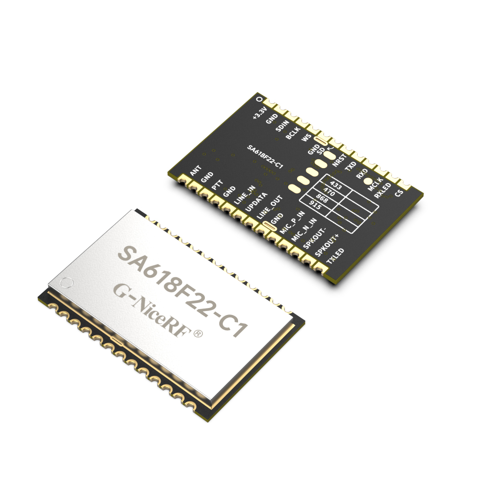 SA618F22-C1是我司一款升級(jí)版的無(wú)線(xiàn)數(shù)字和音頻二合一的全雙工傳輸模塊，具有更短的延時(shí)時(shí)間，同時(shí)支持8人同時(shí)高音質(zhì)通話(huà)。模塊支持多路并發(fā)并收功能，支持多級(jí)的中繼遠(yuǎn)傳、空中升級(jí)或者串口升級(jí)。模塊采用了寬帶擴(kuò)頻技術(shù)，具有功耗低、距離遠(yuǎn)、頻率調(diào)節(jié)靈活等特點(diǎn)。